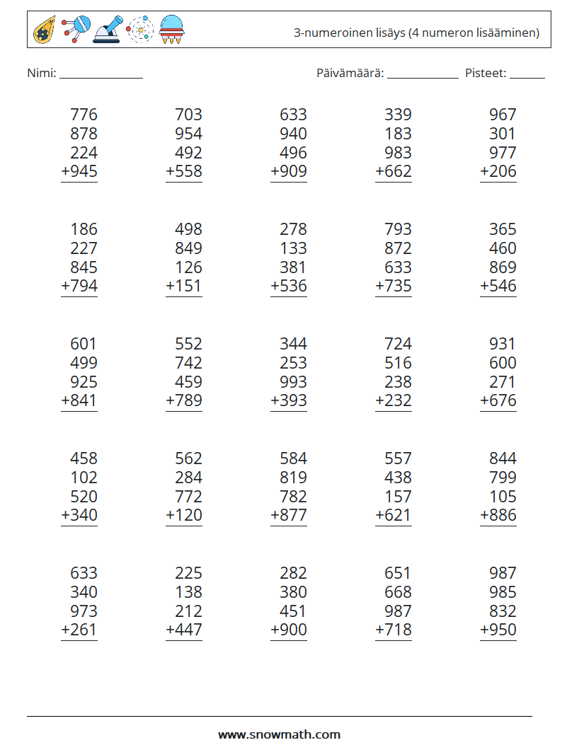 (25) 3-numeroinen lisäys (4 numeron lisääminen) Matematiikan laskentataulukot 12