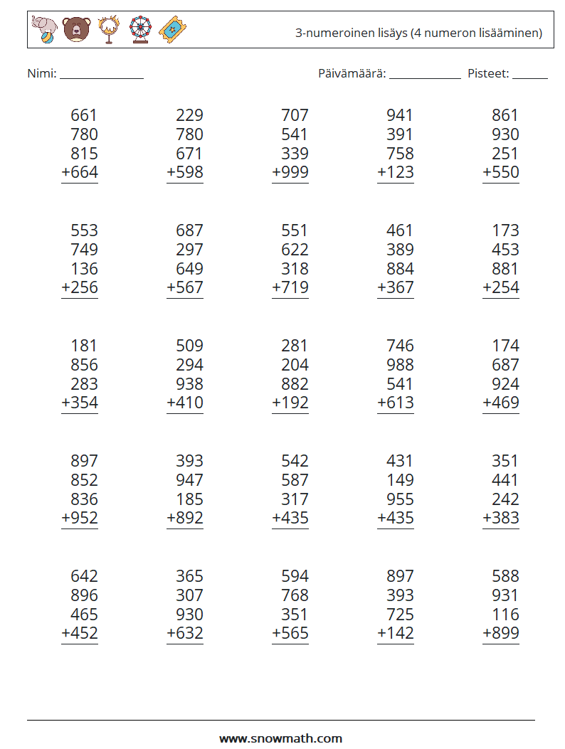 (25) 3-numeroinen lisäys (4 numeron lisääminen) Matematiikan laskentataulukot 13