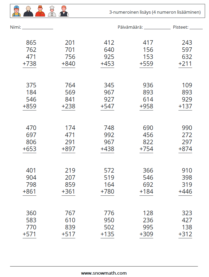 (25) 3-numeroinen lisäys (4 numeron lisääminen) Matematiikan laskentataulukot 14