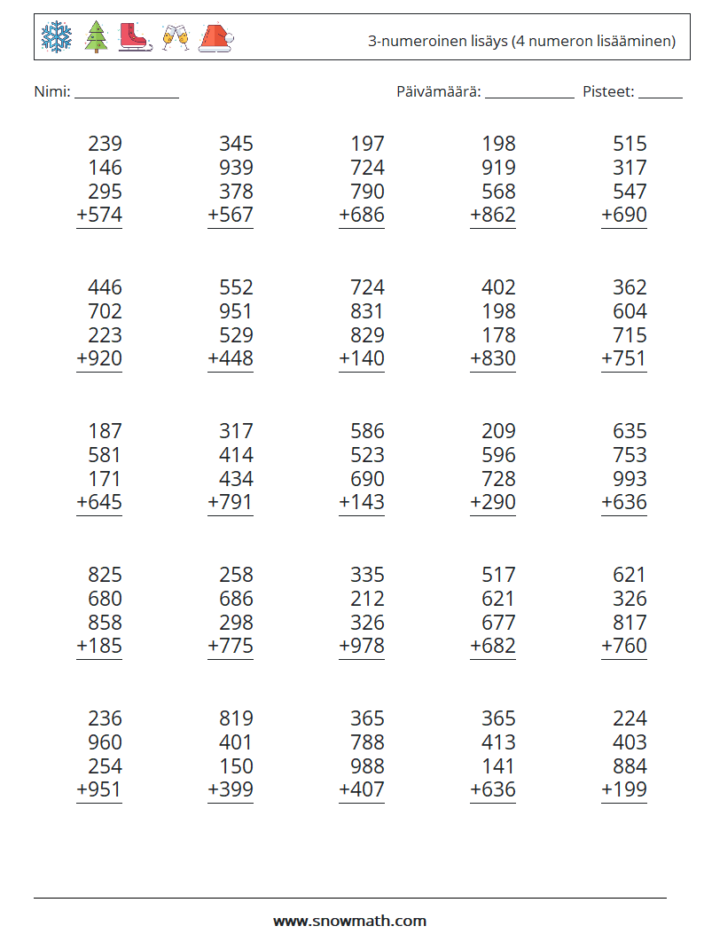 (25) 3-numeroinen lisäys (4 numeron lisääminen) Matematiikan laskentataulukot 17