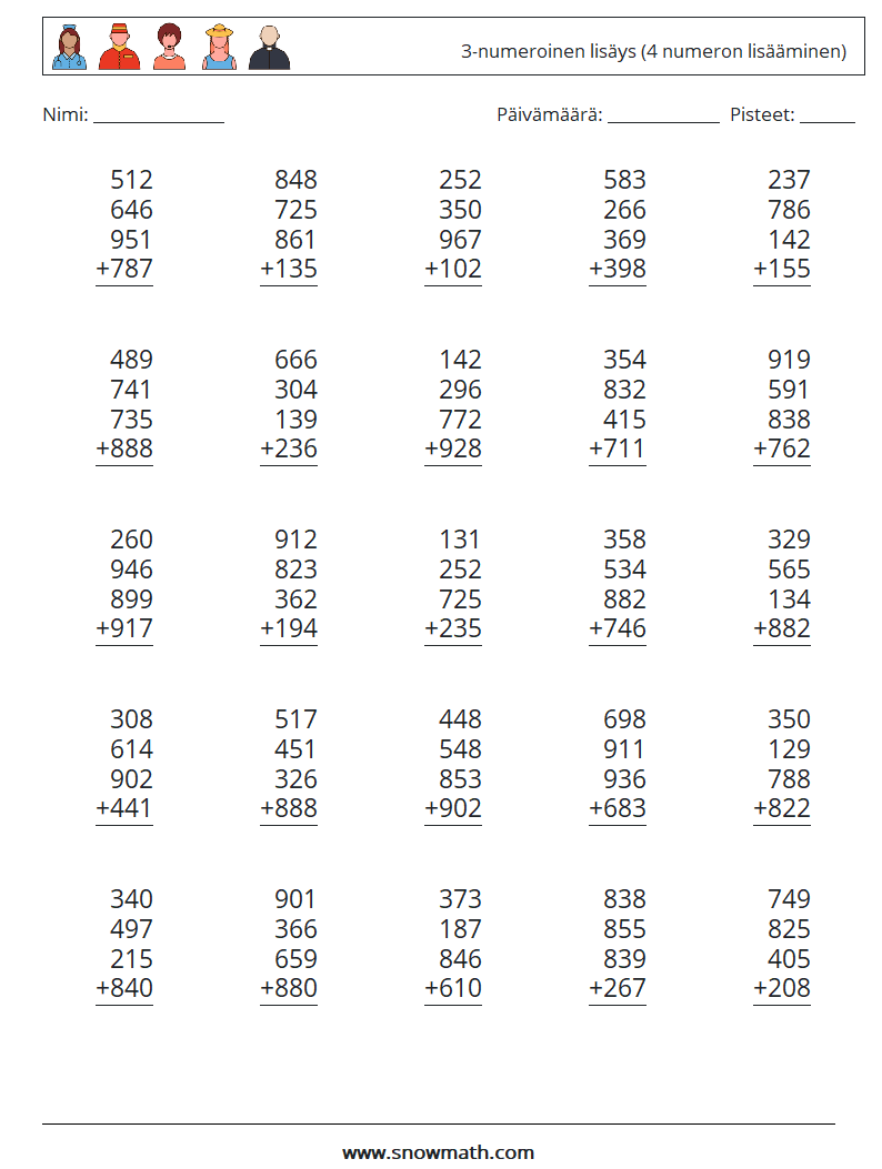 (25) 3-numeroinen lisäys (4 numeron lisääminen) Matematiikan laskentataulukot 2