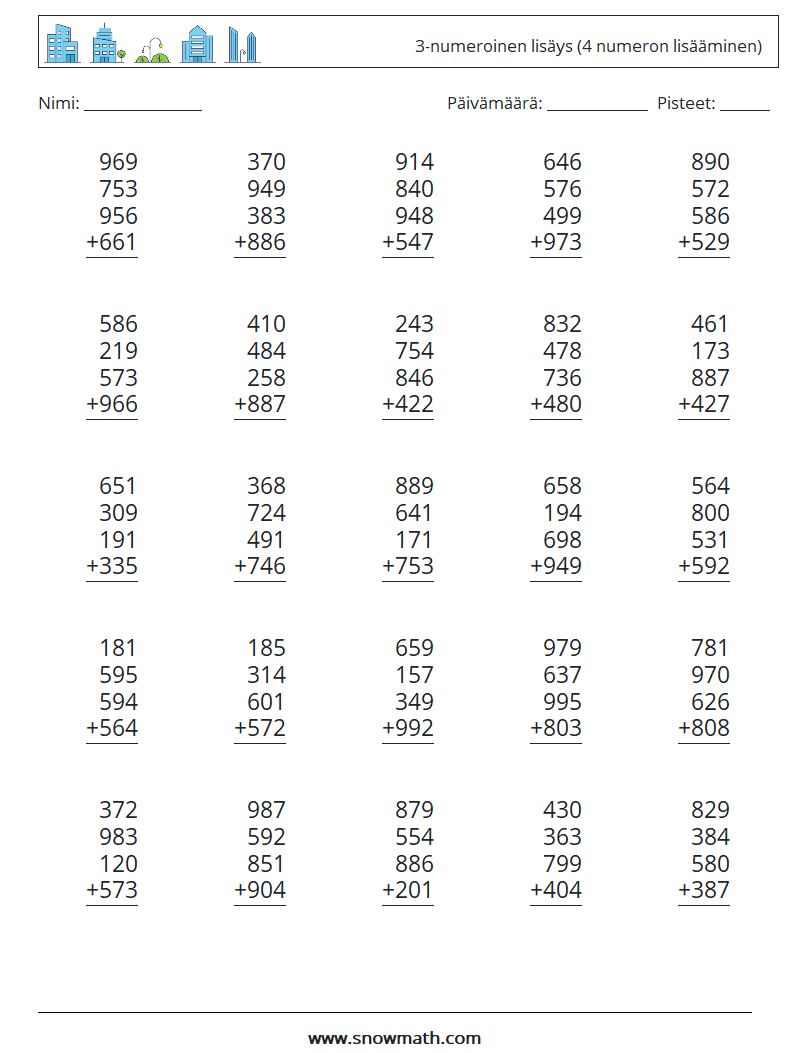 (25) 3-numeroinen lisäys (4 numeron lisääminen) Matematiikan laskentataulukot 3