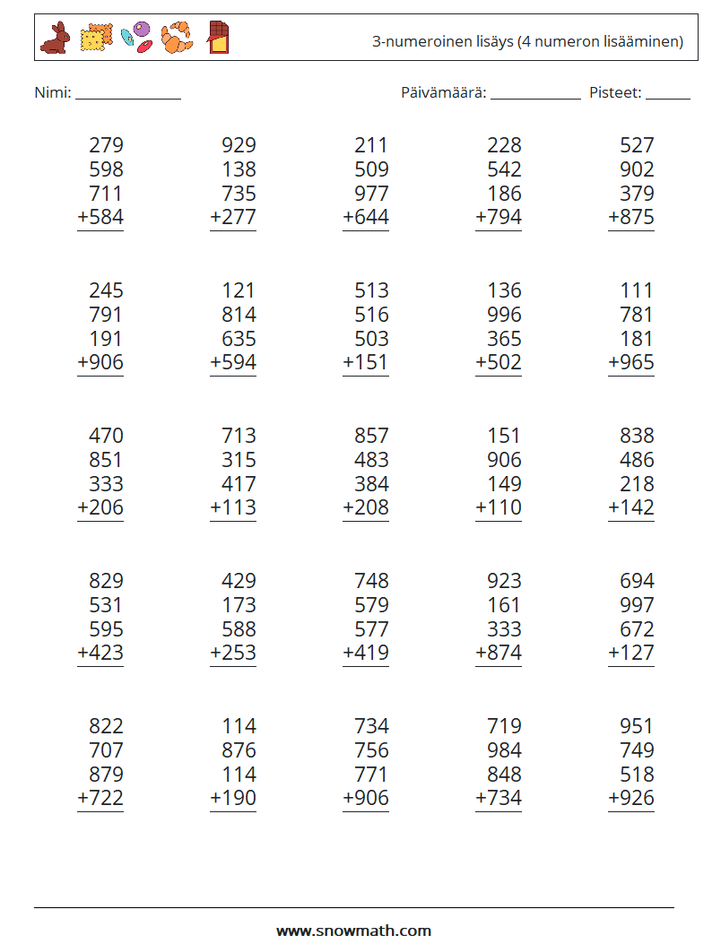 (25) 3-numeroinen lisäys (4 numeron lisääminen) Matematiikan laskentataulukot 4