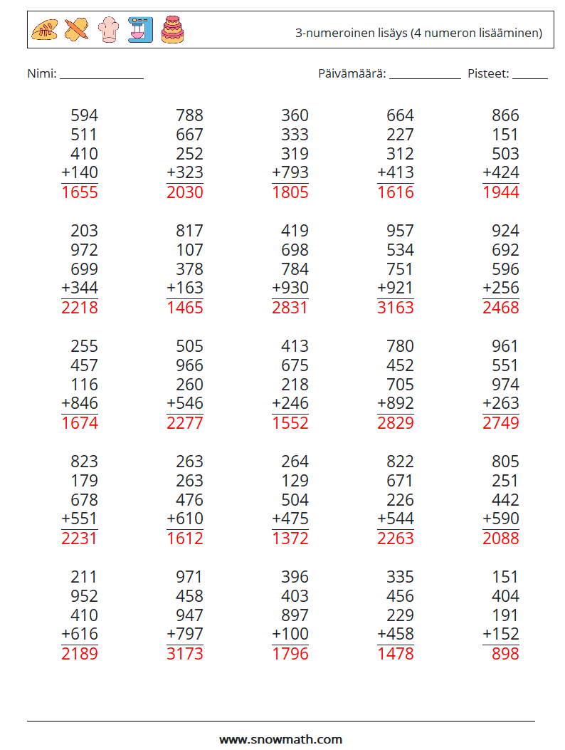 (25) 3-numeroinen lisäys (4 numeron lisääminen) Matematiikan laskentataulukot 7 Kysymys, vastaus