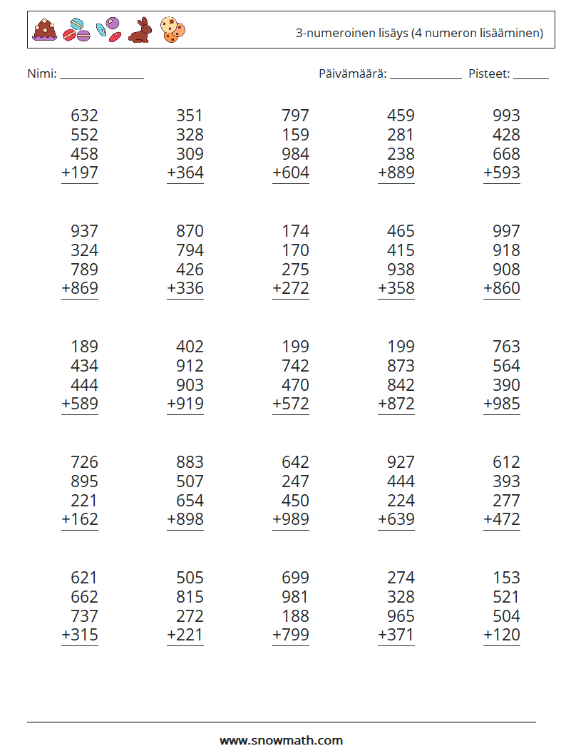 (25) 3-numeroinen lisäys (4 numeron lisääminen) Matematiikan laskentataulukot 9