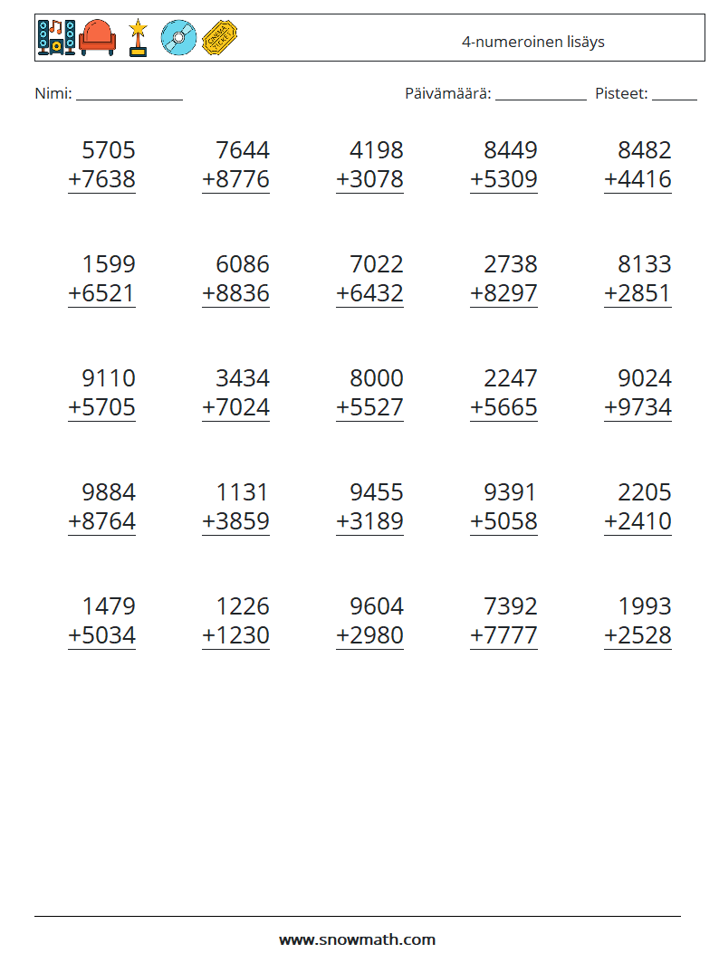 (25) 4-numeroinen lisäys Matematiikan laskentataulukot 4