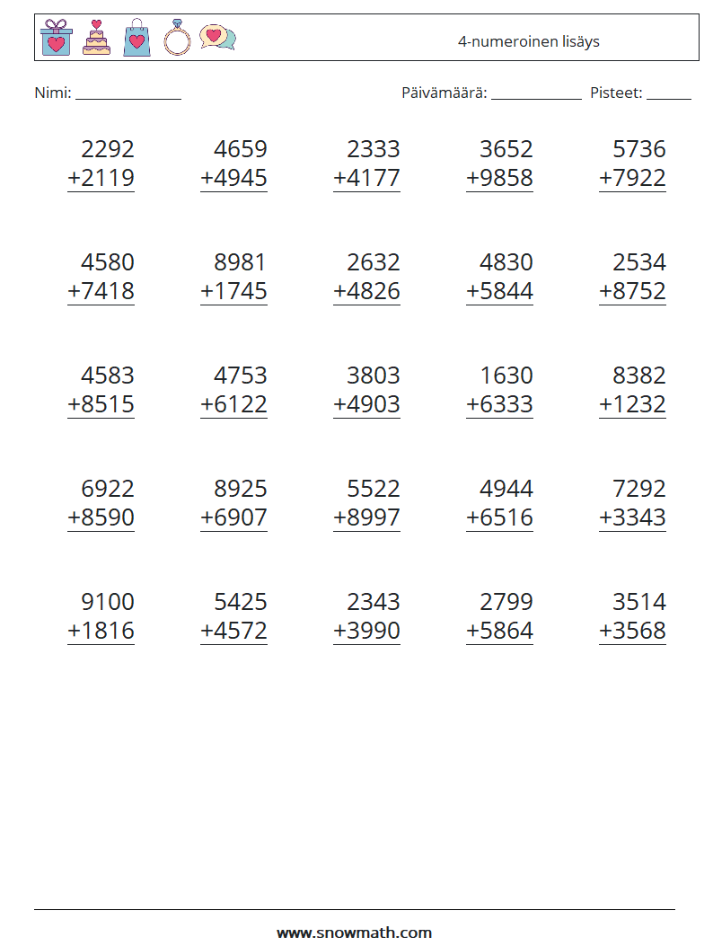 (25) 4-numeroinen lisäys Matematiikan laskentataulukot 5