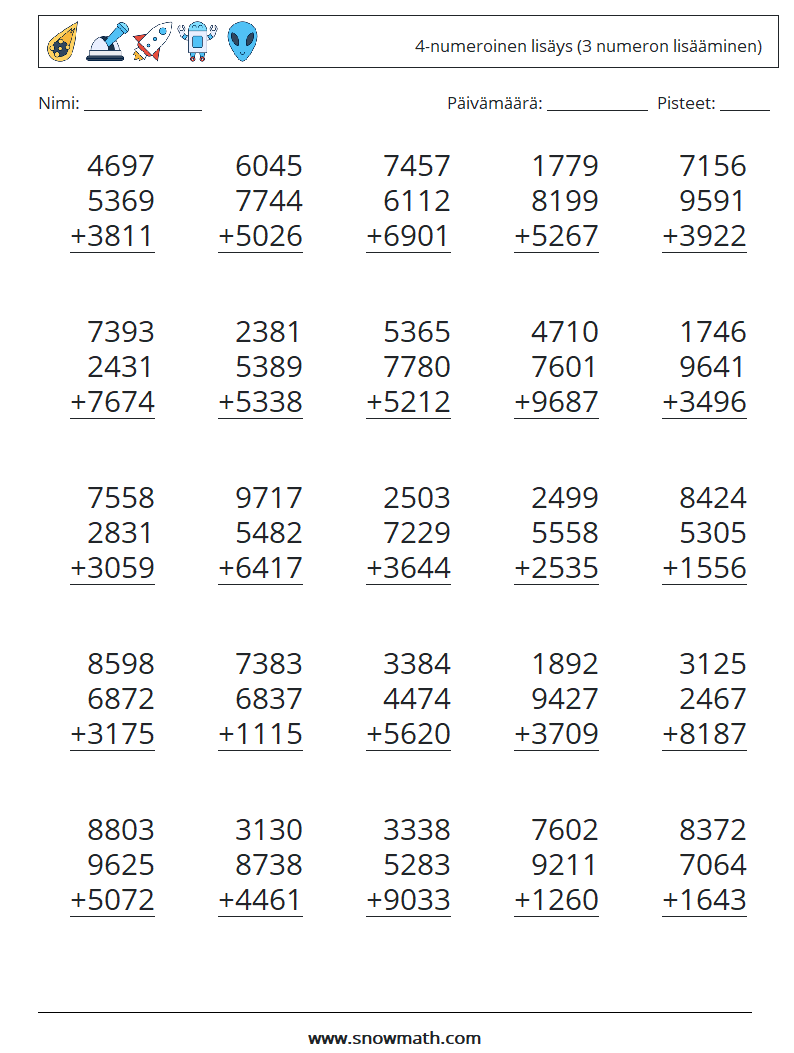 (25) 4-numeroinen lisäys (3 numeron lisääminen) Matematiikan laskentataulukot 14