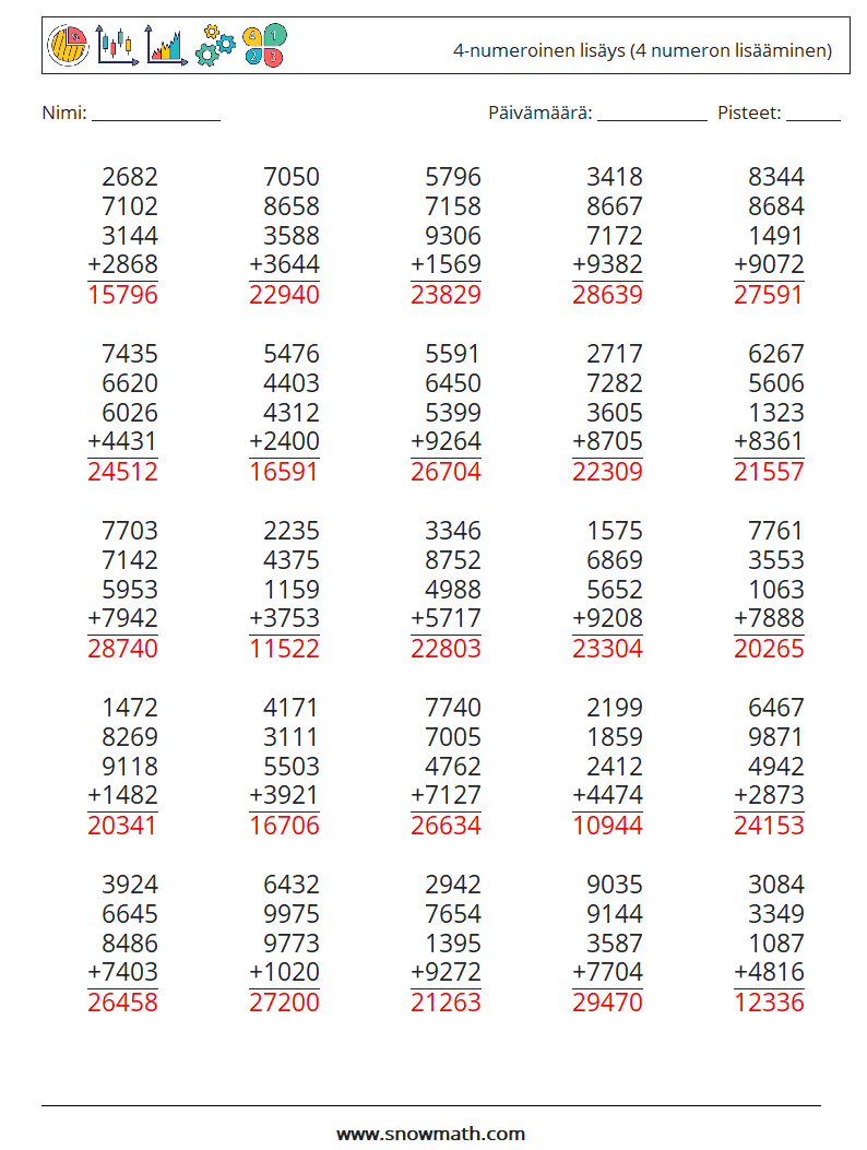 (25) 4-numeroinen lisäys (4 numeron lisääminen) Matematiikan laskentataulukot 10 Kysymys, vastaus