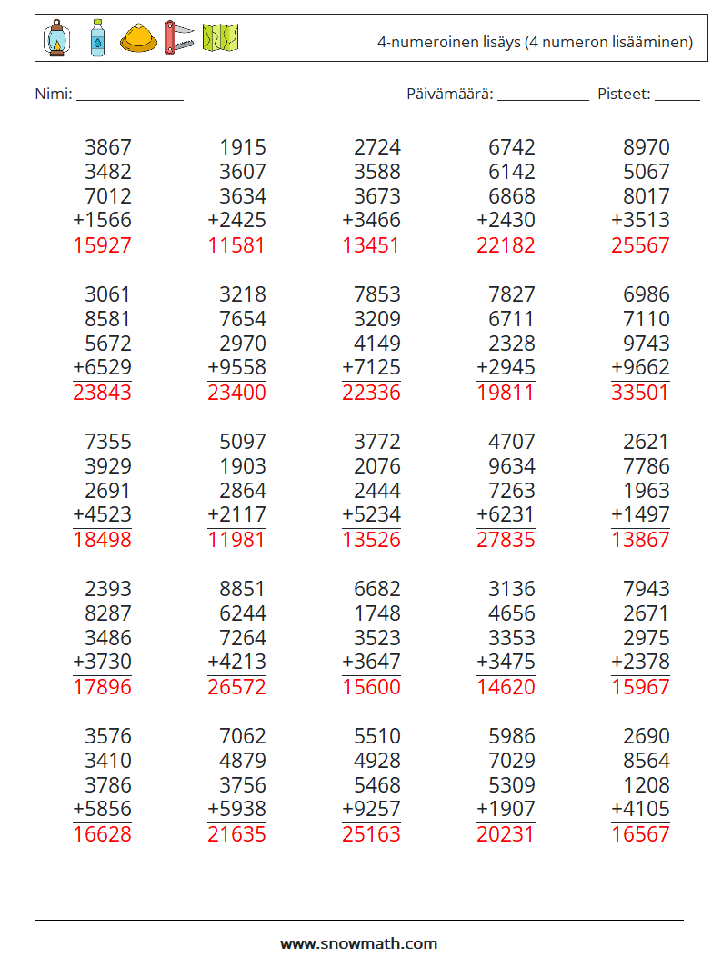 (25) 4-numeroinen lisäys (4 numeron lisääminen) Matematiikan laskentataulukot 14 Kysymys, vastaus