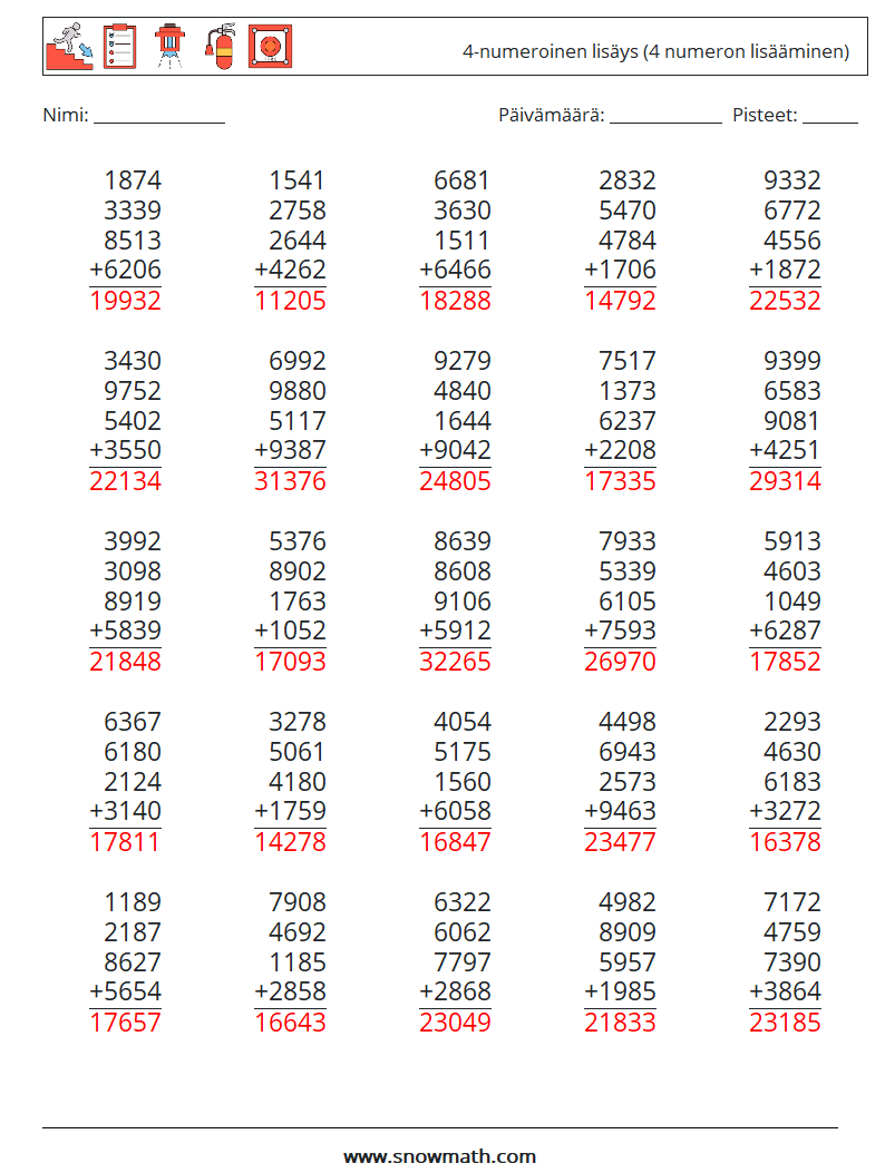 (25) 4-numeroinen lisäys (4 numeron lisääminen) Matematiikan laskentataulukot 2 Kysymys, vastaus