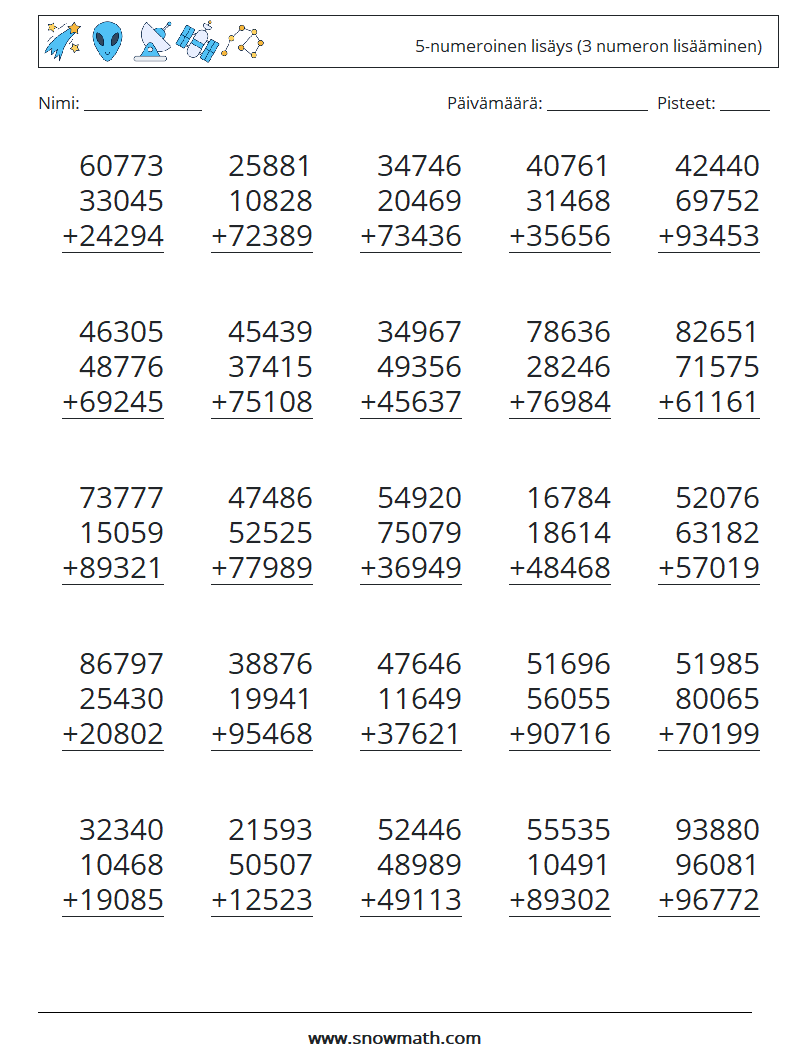 (25) 5-numeroinen lisäys (3 numeron lisääminen) Matematiikan laskentataulukot 1