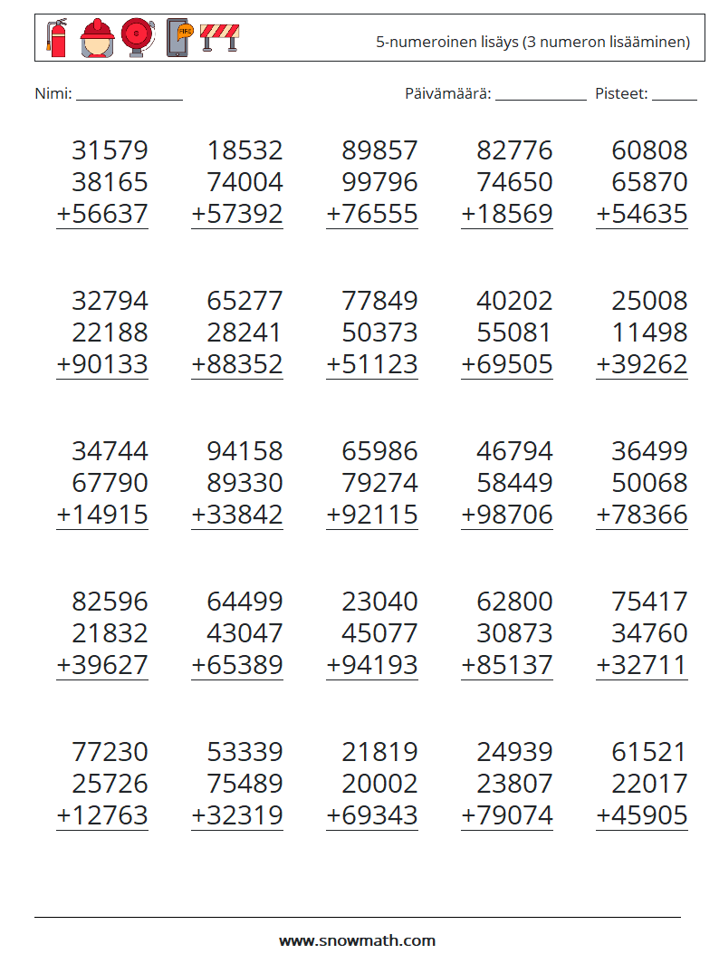 (25) 5-numeroinen lisäys (3 numeron lisääminen) Matematiikan laskentataulukot 12