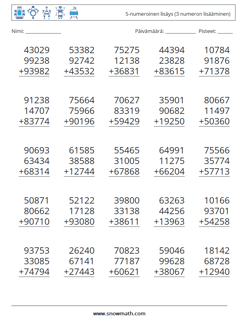 (25) 5-numeroinen lisäys (3 numeron lisääminen) Matematiikan laskentataulukot 3
