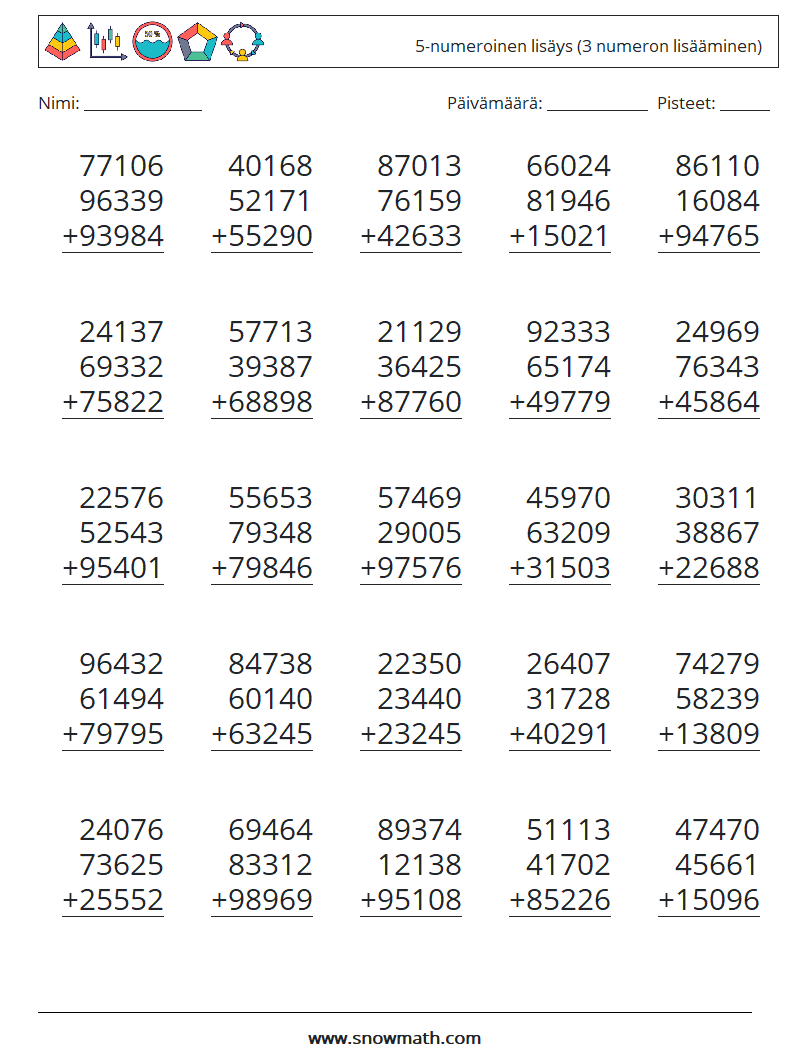 (25) 5-numeroinen lisäys (3 numeron lisääminen) Matematiikan laskentataulukot 7