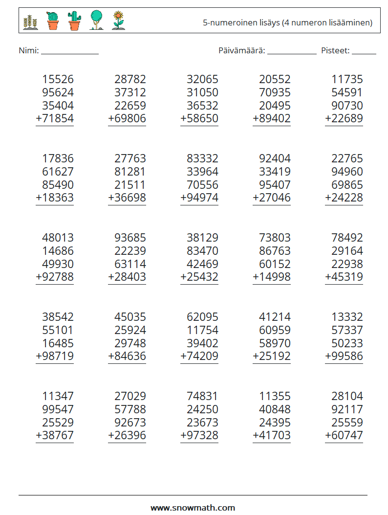 (25) 5-numeroinen lisäys (4 numeron lisääminen) Matematiikan laskentataulukot 13