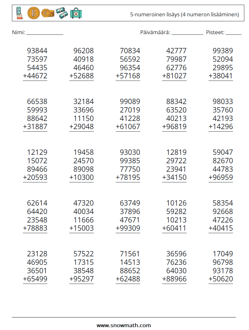 (25) 5-numeroinen lisäys (4 numeron lisääminen) Matematiikan laskentataulukot 3