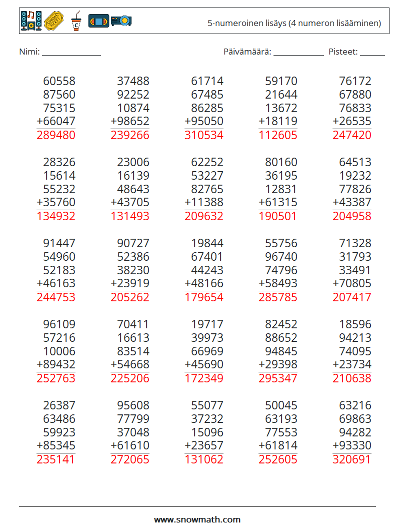 (25) 5-numeroinen lisäys (4 numeron lisääminen) Matematiikan laskentataulukot 6 Kysymys, vastaus