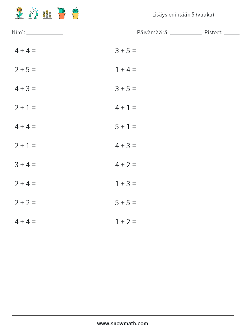 (20) Lisäys enintään 5 (vaaka) Matematiikan laskentataulukot 3