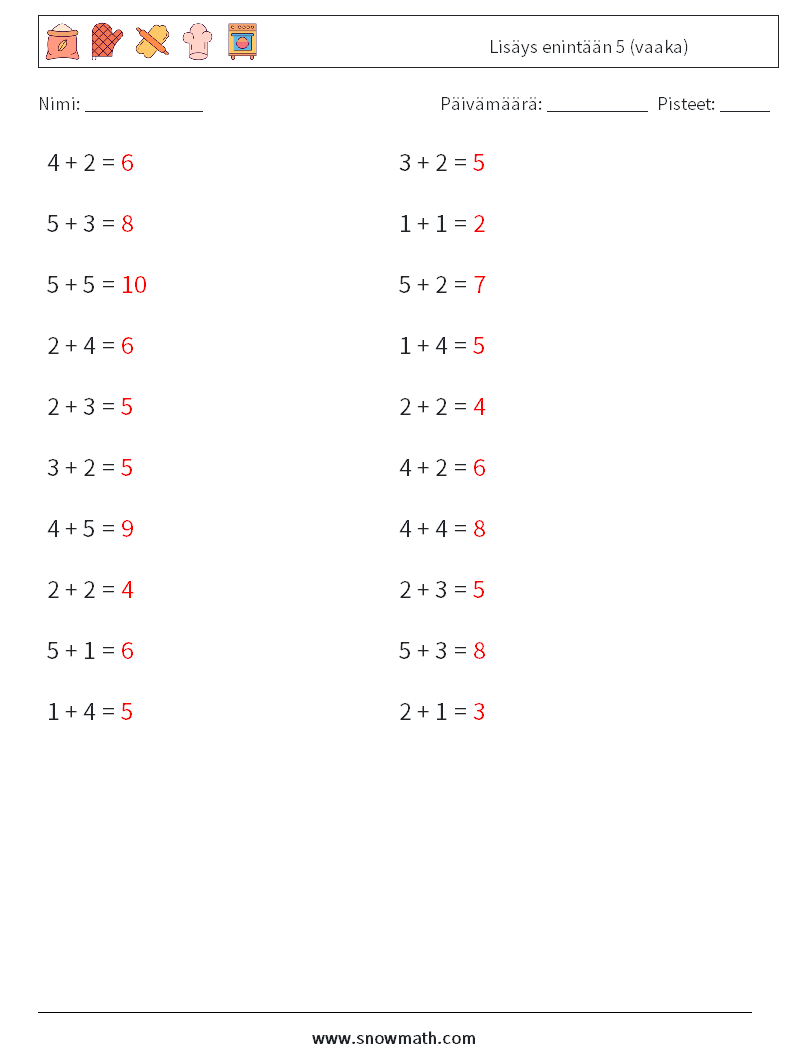 (20) Lisäys enintään 5 (vaaka) Matematiikan laskentataulukot 5 Kysymys, vastaus