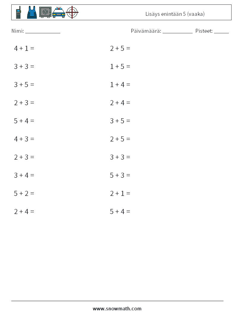 (20) Lisäys enintään 5 (vaaka) Matematiikan laskentataulukot 8