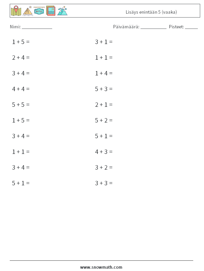 (20) Lisäys enintään 5 (vaaka) Matematiikan laskentataulukot 9