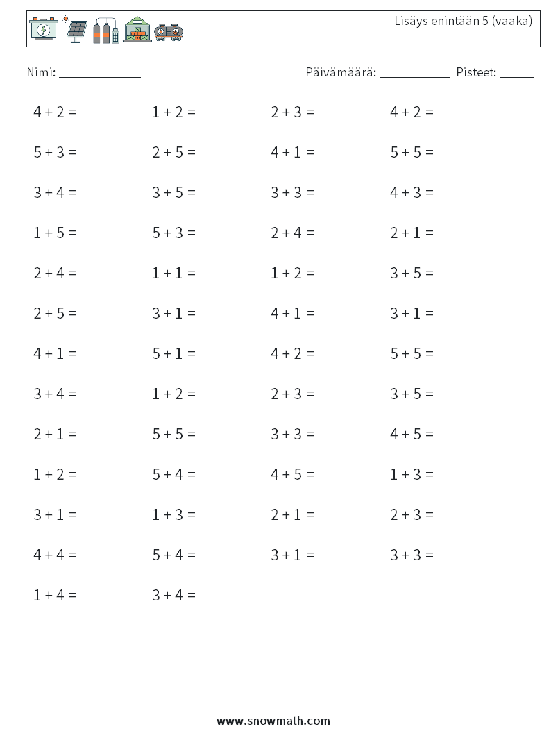 (50) Lisäys enintään 5 (vaaka) Matematiikan laskentataulukot 3