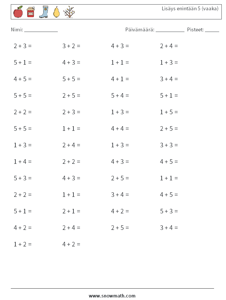 (50) Lisäys enintään 5 (vaaka) Matematiikan laskentataulukot 6