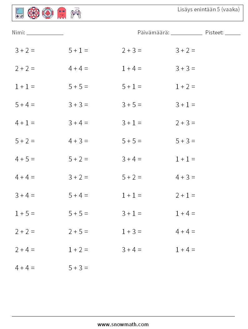 (50) Lisäys enintään 5 (vaaka) Matematiikan laskentataulukot 9