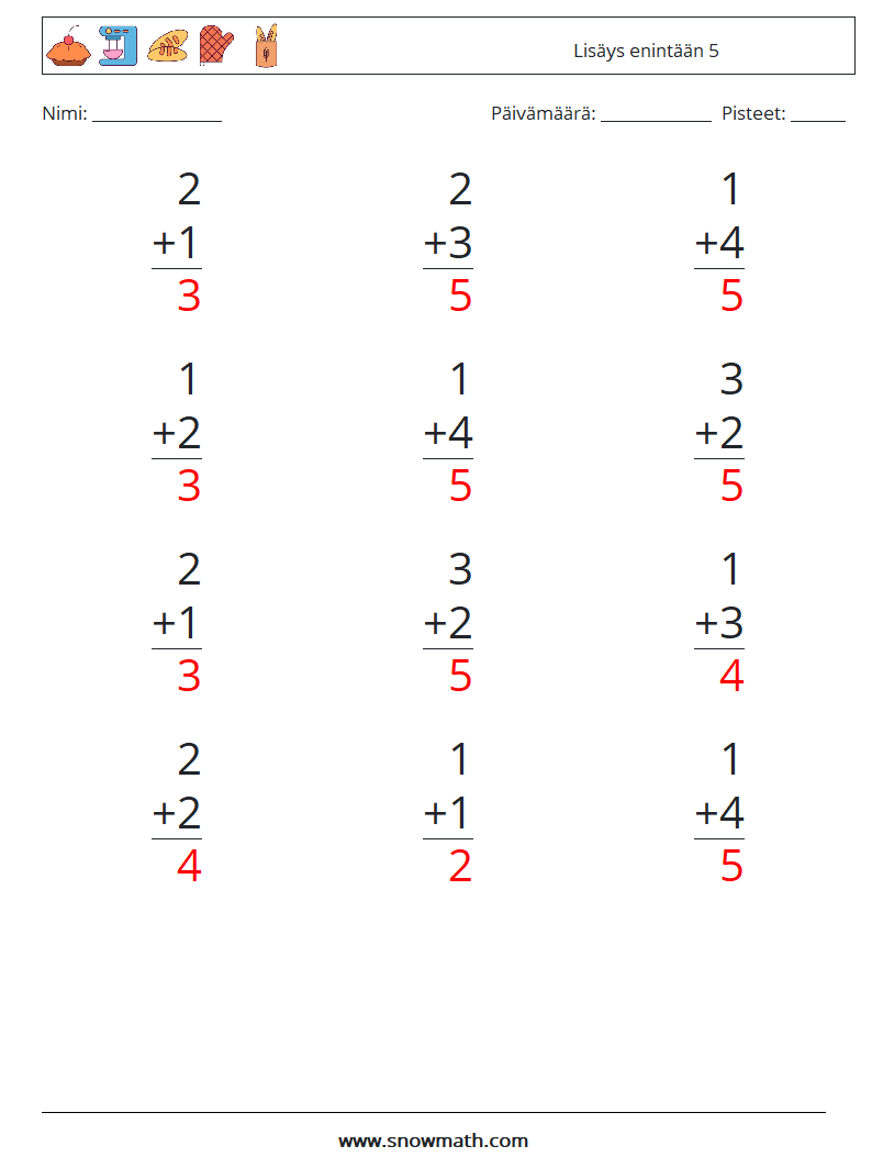 (12) Lisäys enintään 5 Matematiikan laskentataulukot 2 Kysymys, vastaus