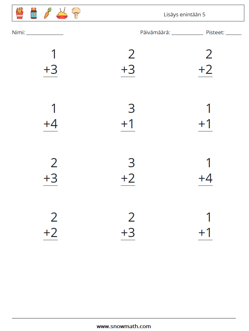 (12) Lisäys enintään 5 Matematiikan laskentataulukot 7