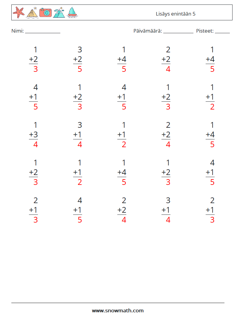 (25) Lisäys enintään 5 Matematiikan laskentataulukot 2 Kysymys, vastaus