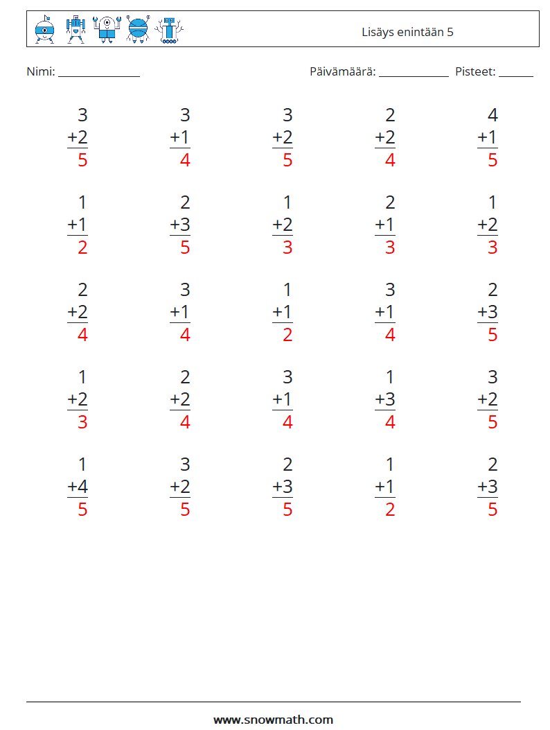 (25) Lisäys enintään 5 Matematiikan laskentataulukot 5 Kysymys, vastaus