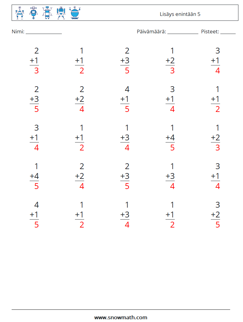 (25) Lisäys enintään 5 Matematiikan laskentataulukot 9 Kysymys, vastaus