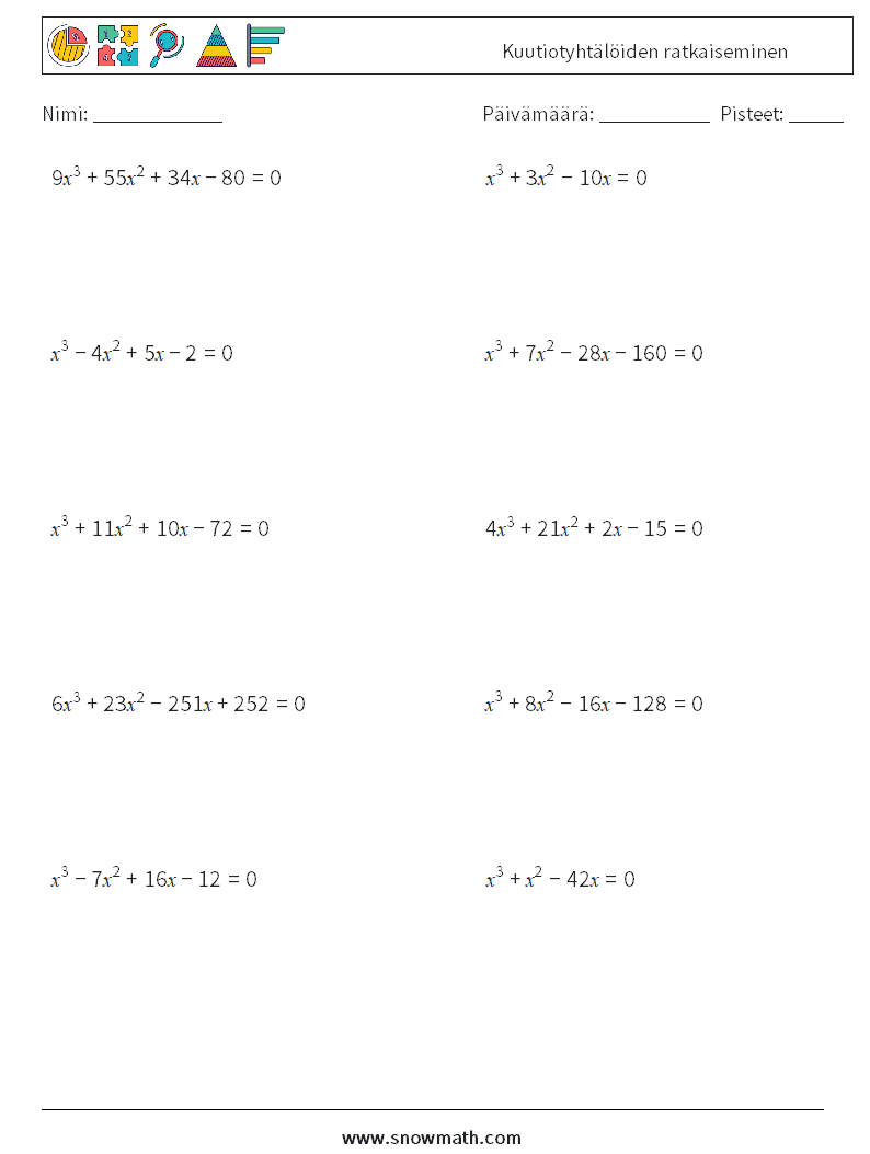 Kuutiotyhtälöiden ratkaiseminen Matematiikan laskentataulukot 2