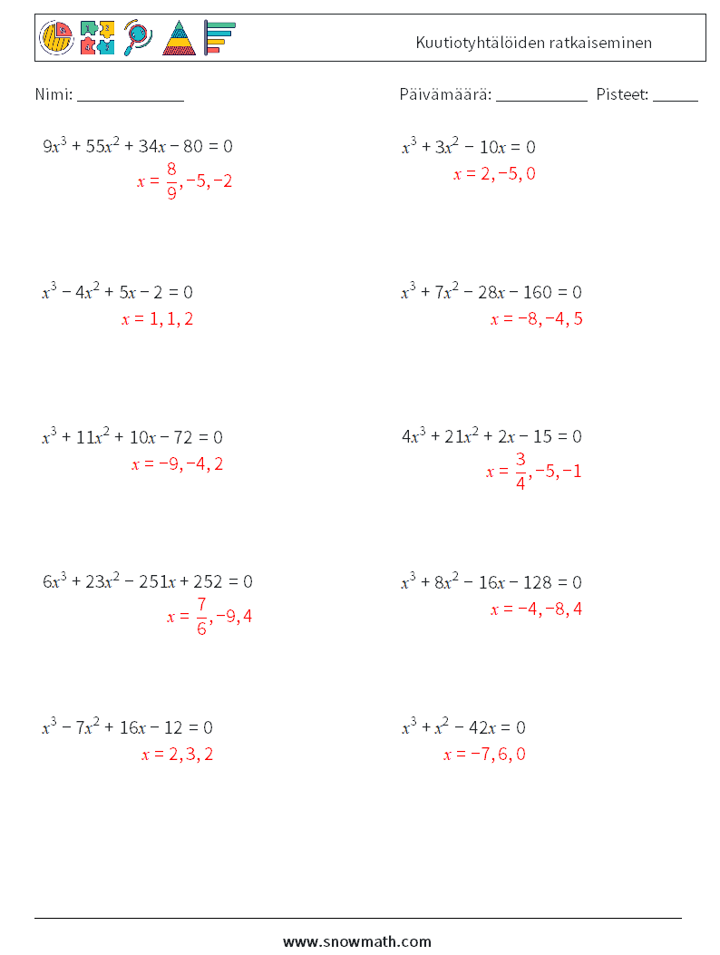 Kuutiotyhtälöiden ratkaiseminen Matematiikan laskentataulukot 2 Kysymys, vastaus
