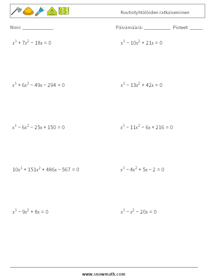 Kuutiotyhtälöiden ratkaiseminen Matematiikan laskentataulukot 5