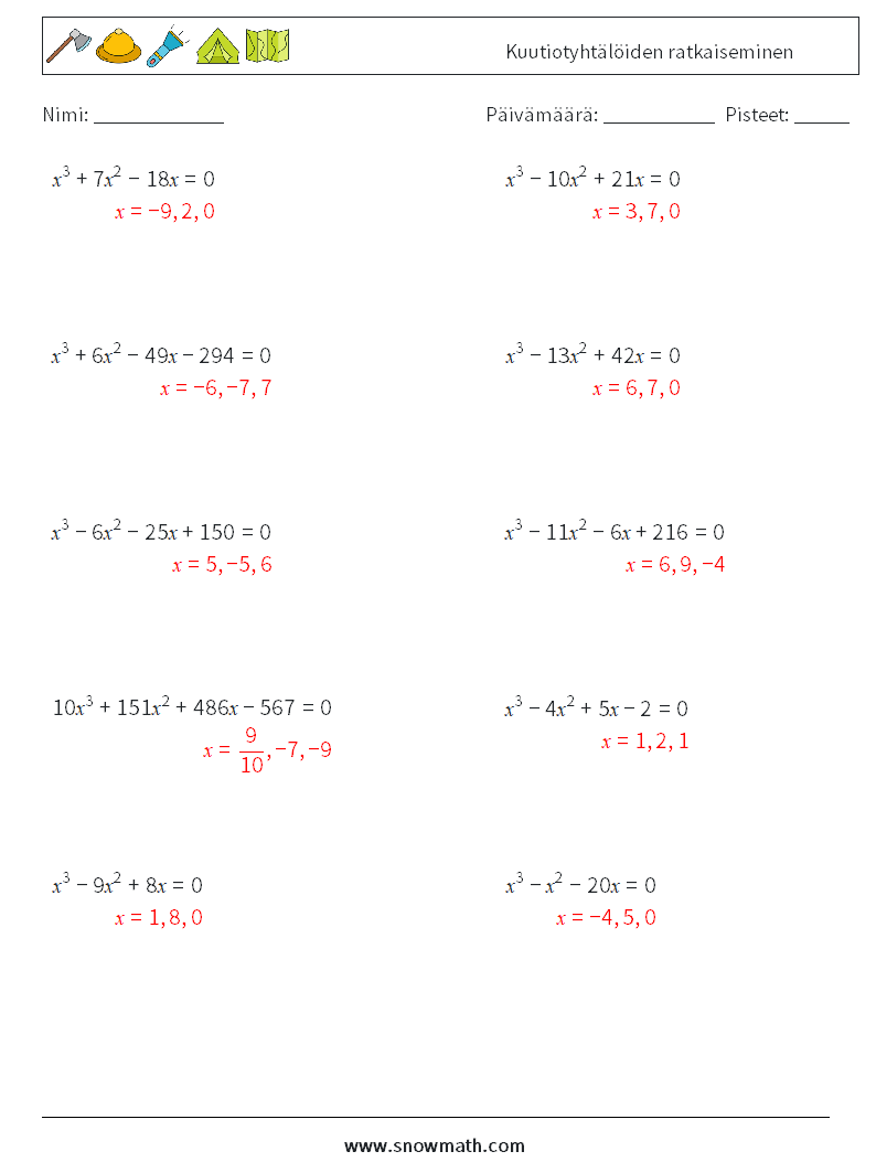 Kuutiotyhtälöiden ratkaiseminen Matematiikan laskentataulukot 5 Kysymys, vastaus
