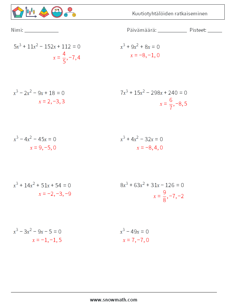 Kuutiotyhtälöiden ratkaiseminen Matematiikan laskentataulukot 6 Kysymys, vastaus