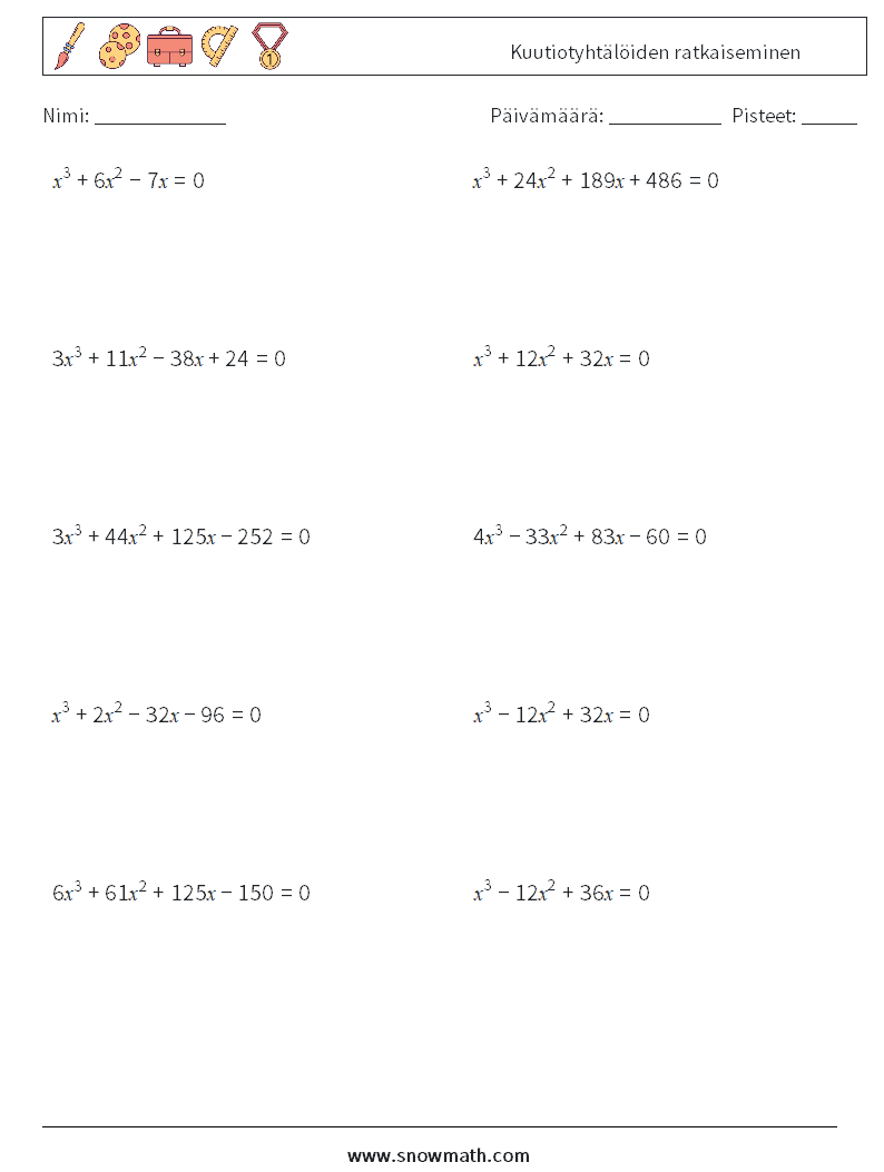 Kuutiotyhtälöiden ratkaiseminen Matematiikan laskentataulukot 7