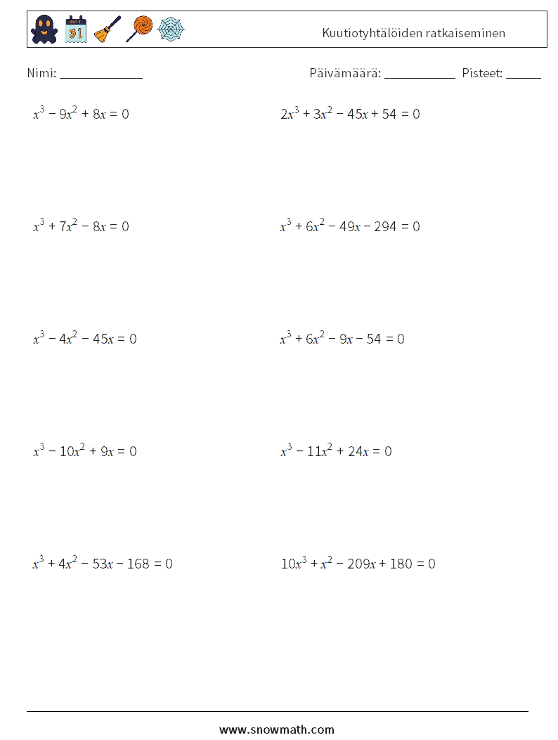 Kuutiotyhtälöiden ratkaiseminen Matematiikan laskentataulukot 8