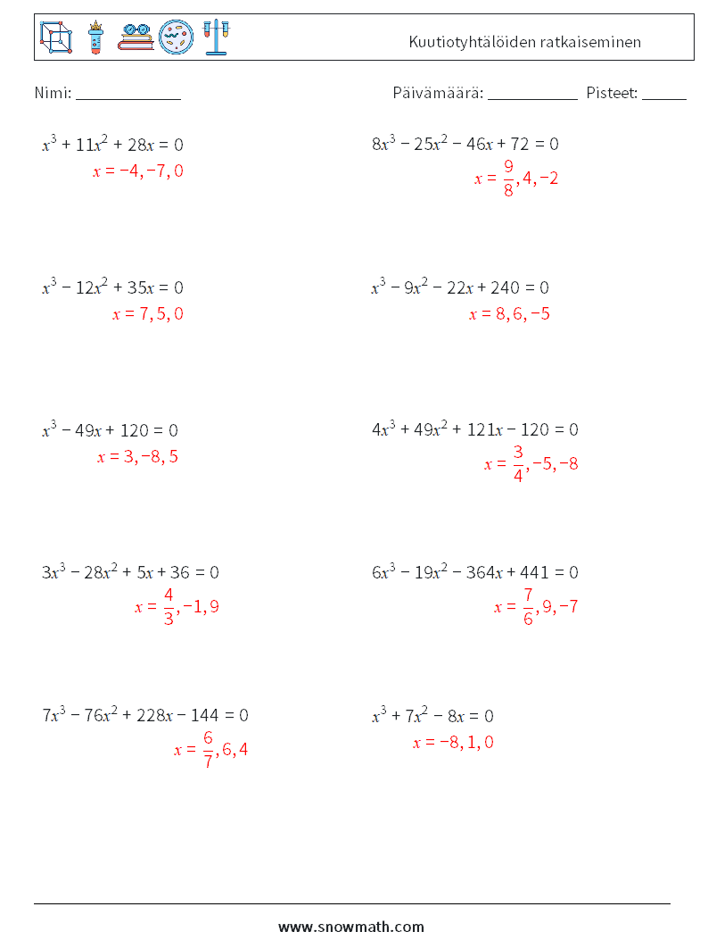 Kuutiotyhtälöiden ratkaiseminen Matematiikan laskentataulukot 9 Kysymys, vastaus