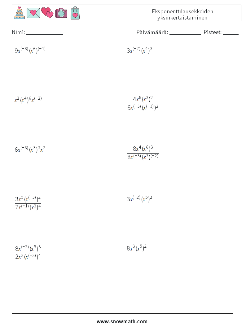  Eksponenttilausekkeiden yksinkertaistaminen Matematiikan laskentataulukot 1