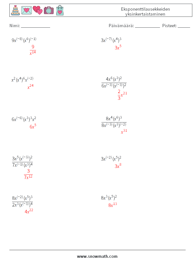  Eksponenttilausekkeiden yksinkertaistaminen Matematiikan laskentataulukot 1 Kysymys, vastaus