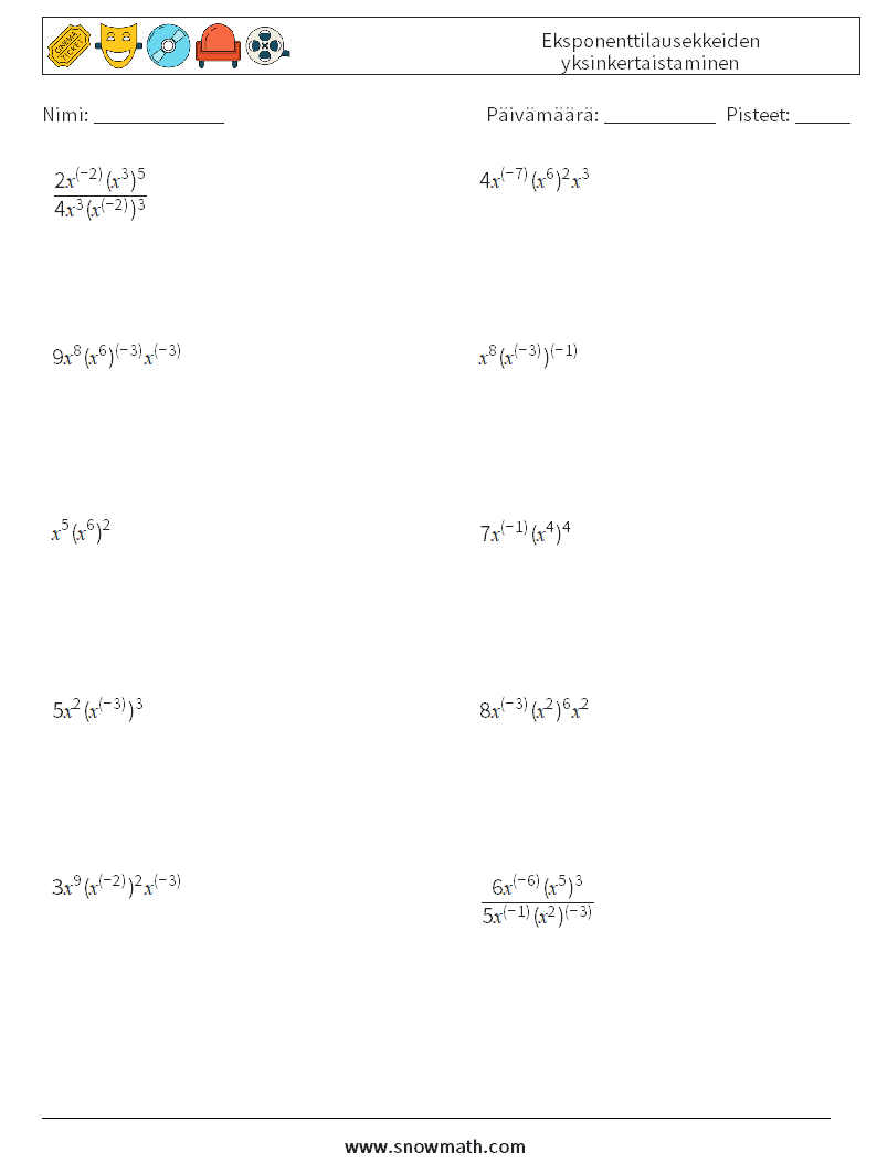  Eksponenttilausekkeiden yksinkertaistaminen Matematiikan laskentataulukot 3