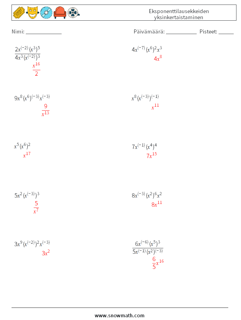  Eksponenttilausekkeiden yksinkertaistaminen Matematiikan laskentataulukot 3 Kysymys, vastaus