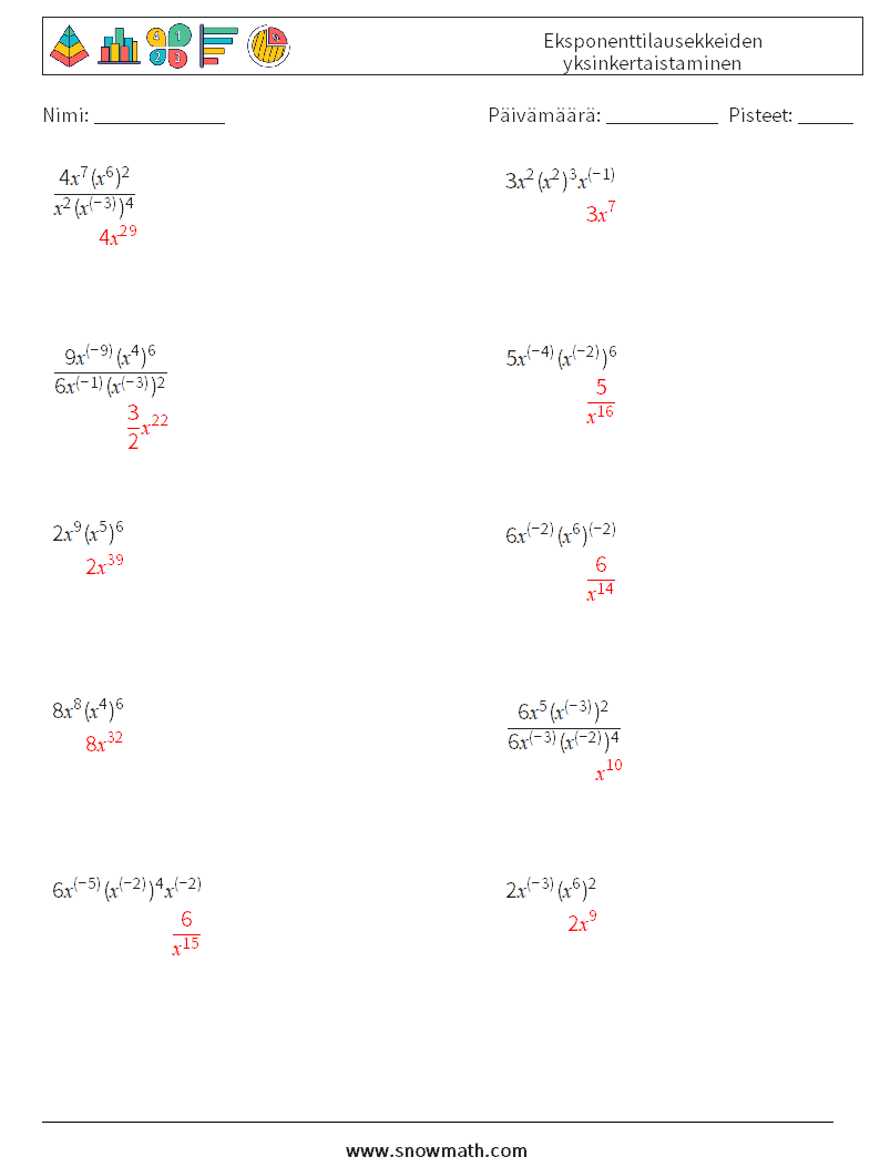  Eksponenttilausekkeiden yksinkertaistaminen Matematiikan laskentataulukot 5 Kysymys, vastaus