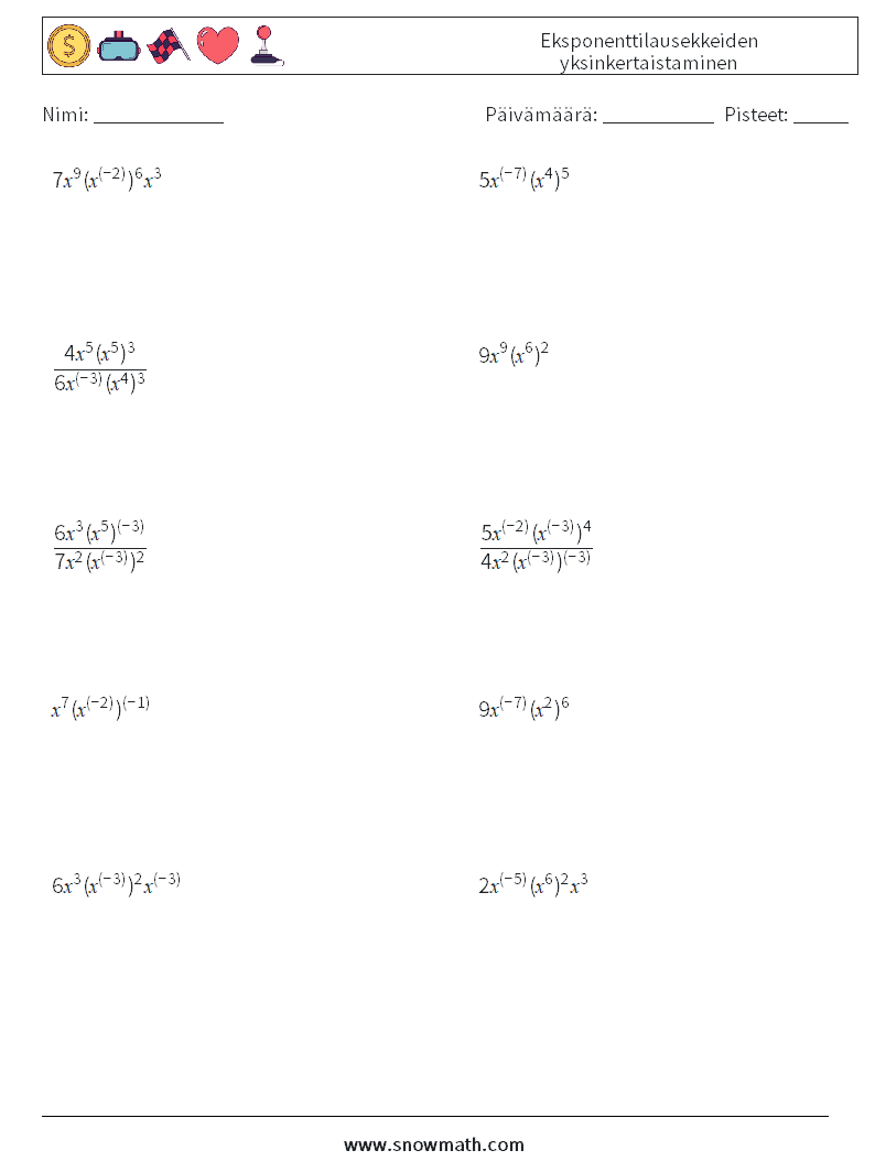  Eksponenttilausekkeiden yksinkertaistaminen Matematiikan laskentataulukot 6