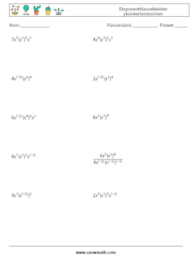  Eksponenttilausekkeiden yksinkertaistaminen Matematiikan laskentataulukot 7