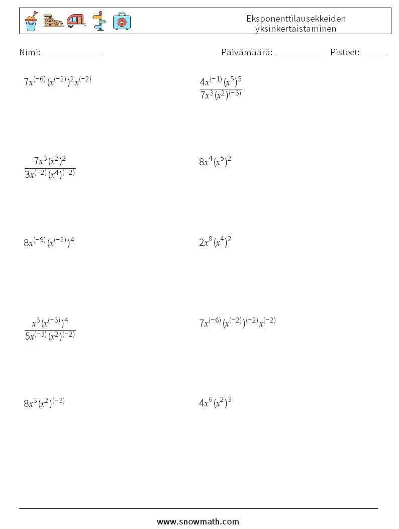  Eksponenttilausekkeiden yksinkertaistaminen Matematiikan laskentataulukot 8